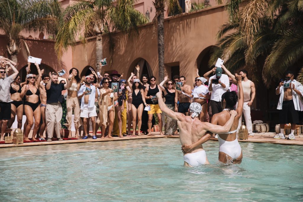 Image may contain Lesley Joseph Mick Mars People Person Fun Tourist Vacation Adult Party Clothing Hat and Pool