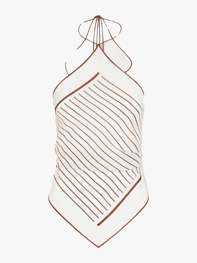 Image may contain Clothing Swimwear Accessories Formal Wear Tie Earring Jewelry Art and Hat